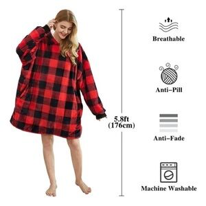 NWT Unisex Oversized Red Plaid Hoodie Dress Wearable Blanket Dress Cozy Loungewe